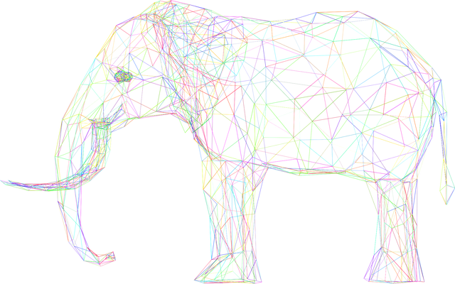 Una ilustración digital de un elefante poliédrico de muchos colores.