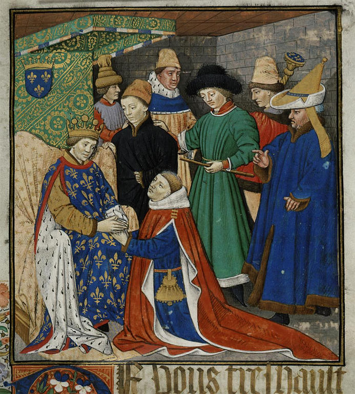 Pacto de vasallaje al rey Renato de Nápoles (ilustración medieval donde el vasallo se arrodilla ante el rey)