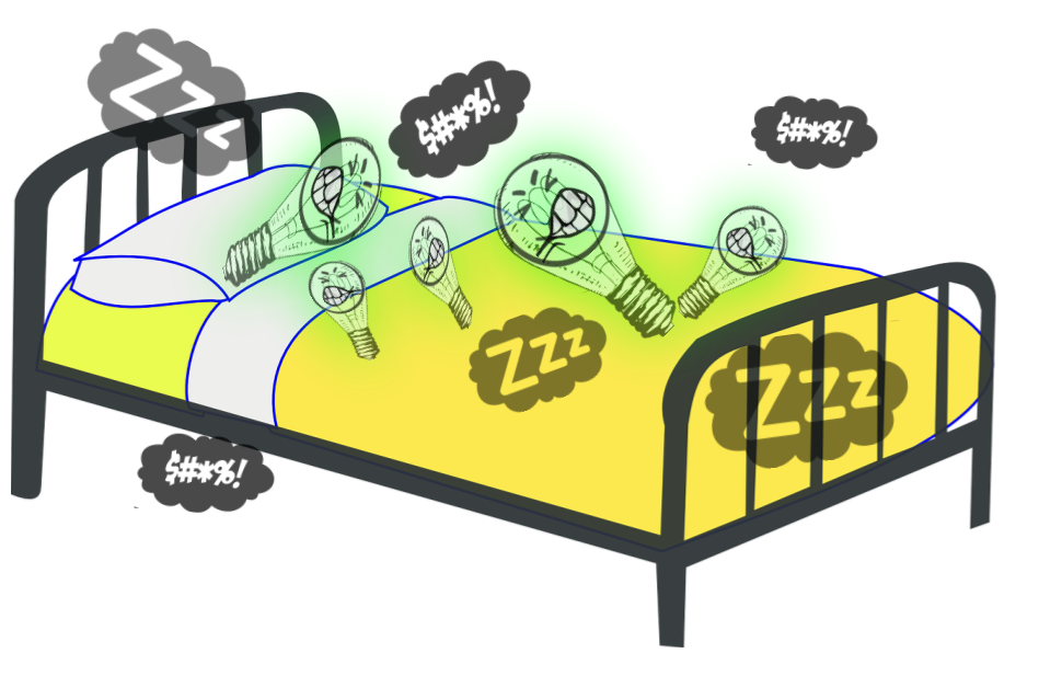 Se trata de un dibujo que trata de representar la oración "incoloras ideas verdes duermen furiosamente" con dos bombillas verdes animadas con rostros enojados acostadas en una cama.