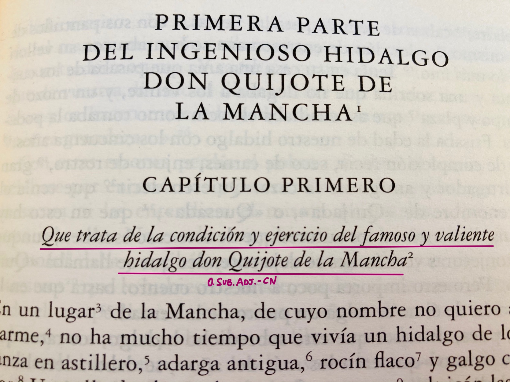 Fotografía del comienza del capítulo uno de "Don Quijote de La Mancha" con un análisis sintáctico.