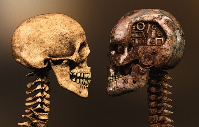 Dos esqueletos se miran, pero uno tiene en el cráneo integrado un circuito electrónico.