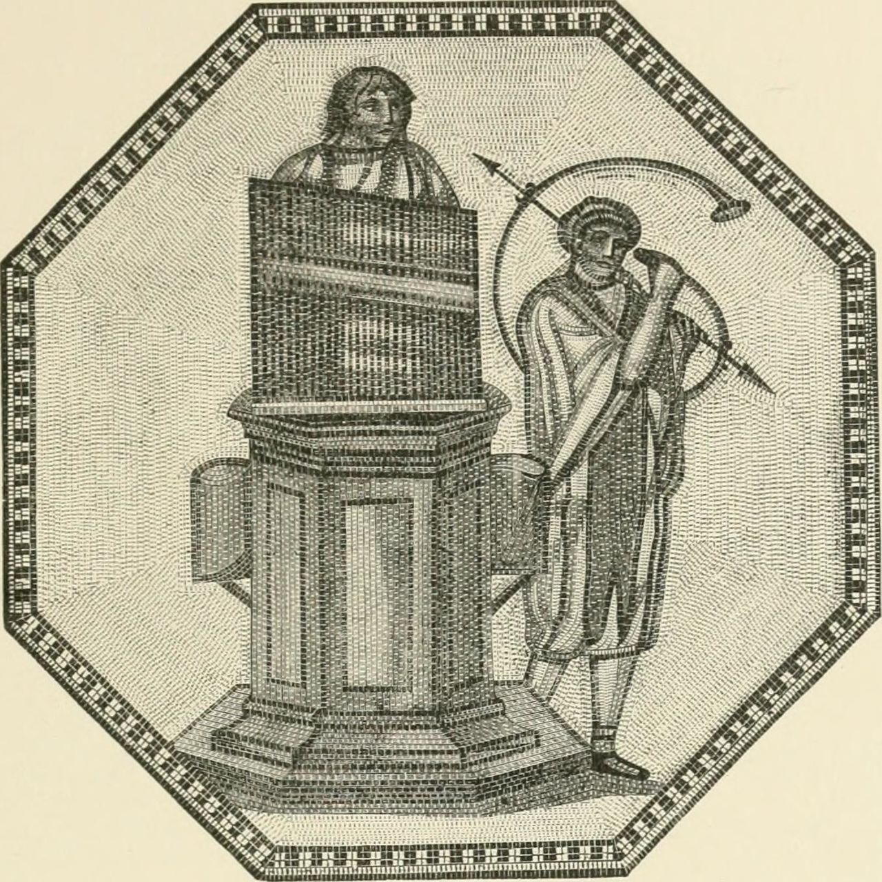 Grabado que reproduce un hydraulis, órgano romano.