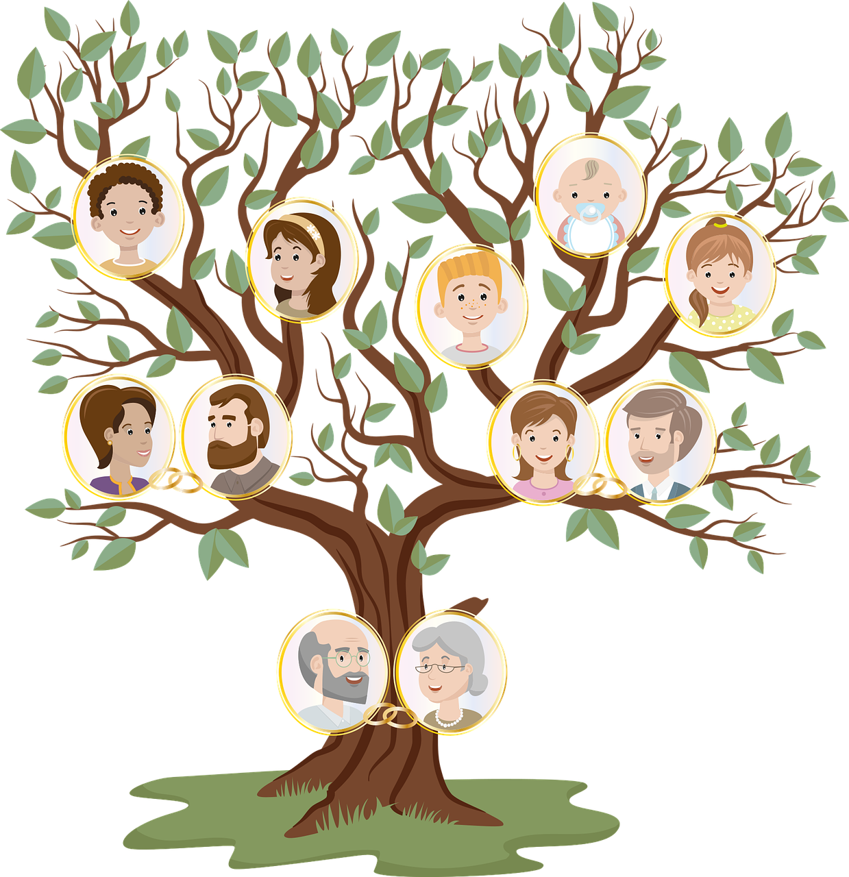 Se observa un árbol genealógico de tres alturas. La primera aparecen los padres de dos hijos y estos están casado y tienen más hijos.