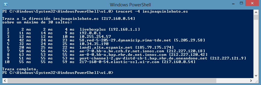 Captura de pantalla de la app de windows Tracert