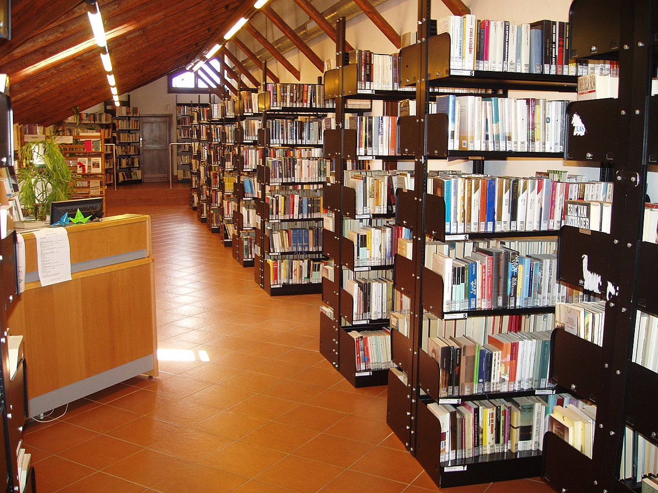 Biblioteca Espacio luminoso, con muchas estanterías en filas, llena de libros. A la izquierda un mostrador con un ordenador.