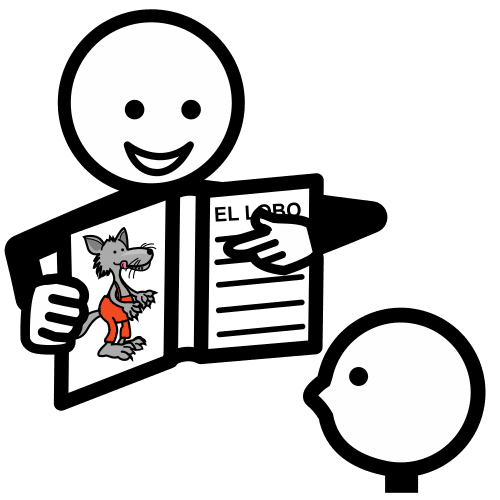 Cuentacuentos Una persona con un libro en las manos señalando una escena a otra persona que parece un niño o niña.