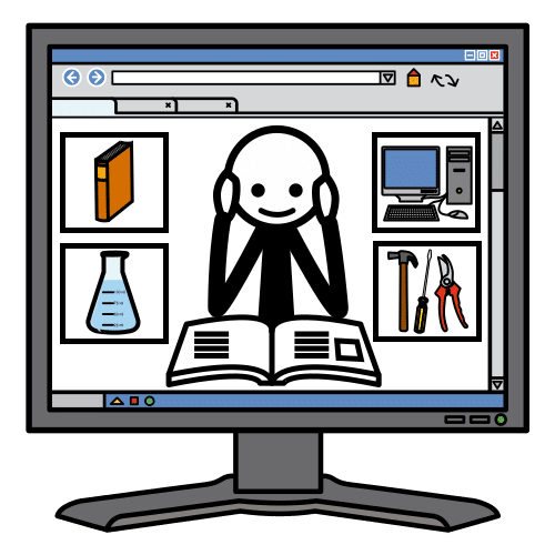 Online Un ordenador con la imagen de una persona trabajando con un libro delante y cuatro imágenes alrededor de unas herramientas, una probeta, un libro y un ordenador.