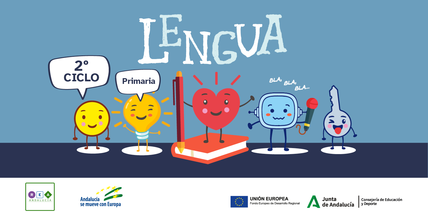 Imagen de portada con la pandilla REA y el texto 'Lengua 4º Primaria'