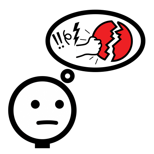 Malvado Una persona pensando en romper cosas con una mano con dos signos de exclamación.