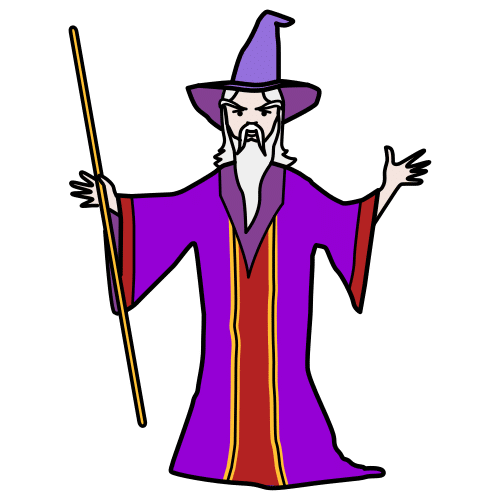 Brujo Hombre de pelo y barbas blancas, largas. Vestido con túnica y sombrero largo en forma de cono, color morado. Lleva en la mano derecha un palo largo.